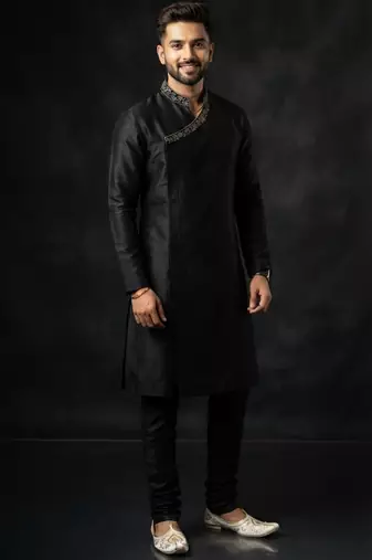 Black embroidered dupion silk kurta set