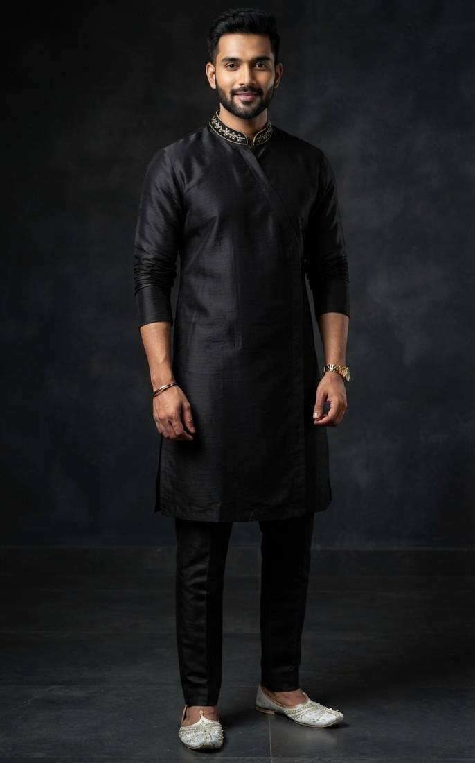 Black embroidered dupion silk kurta set