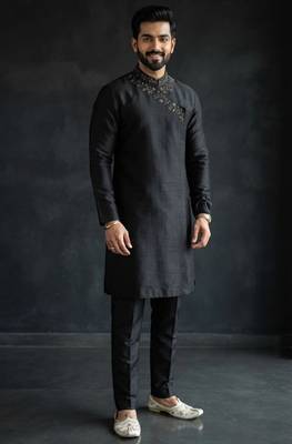 Black embroidered dupion silk kurta set 1