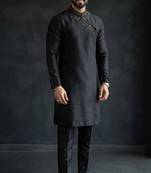 Black embroidered dupion silk kurta set
