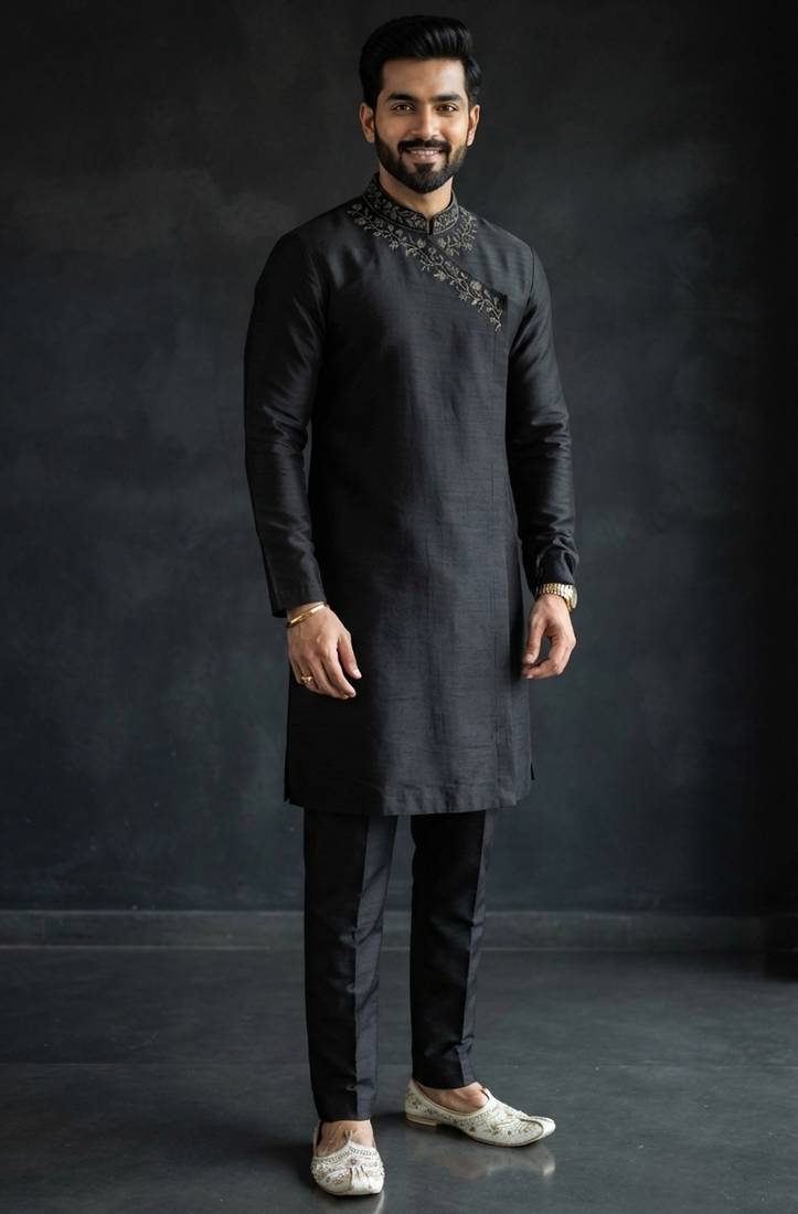 Black embroidered dupion silk kurta set