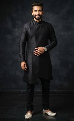 Black embroidered dupion silk kurta set 1