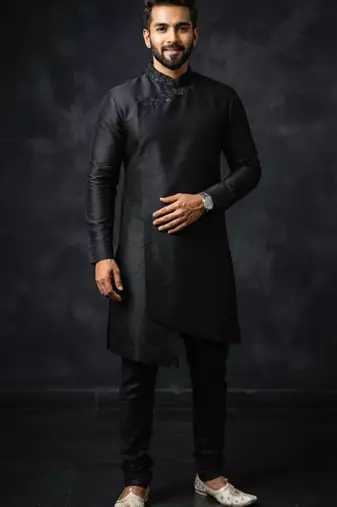 Black embroidered dupion silk kurta set