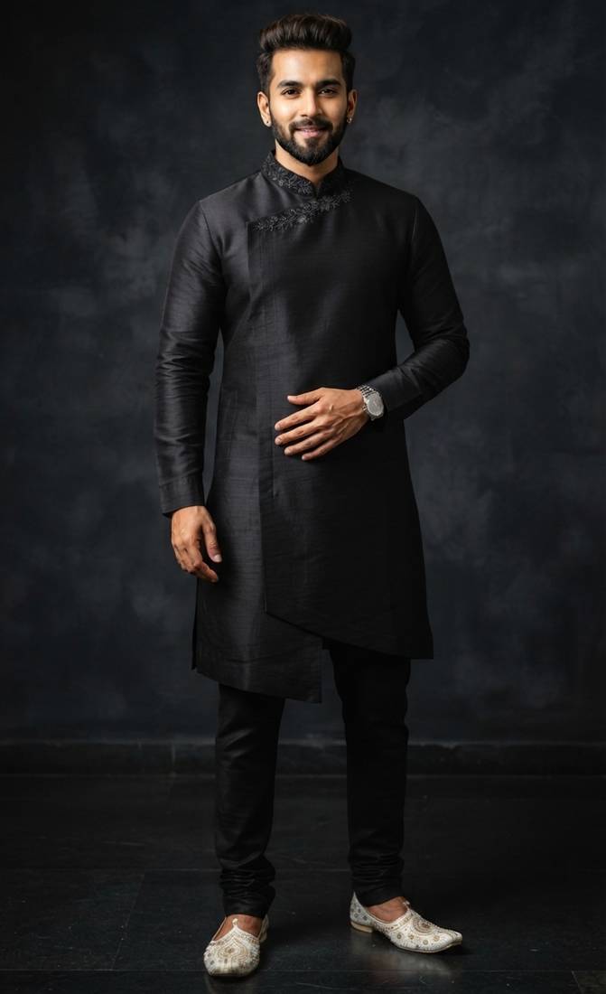 Black embroidered dupion silk kurta set