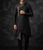 Black embroidered dupion silk kurta set