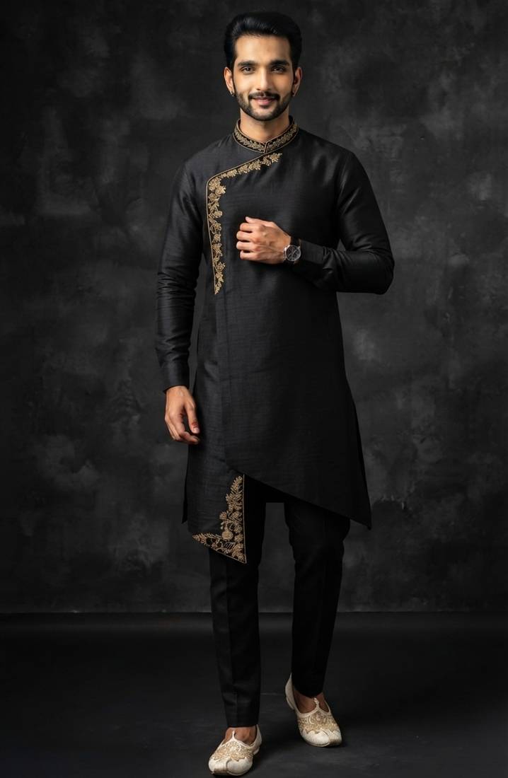 Black embroidered dupion silk kurta set