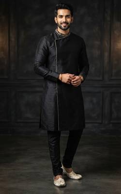 Black embroidered dupion silk kurta set 1