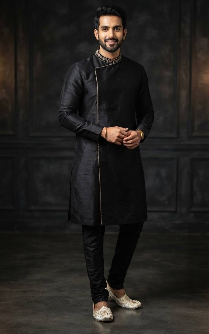 Black embroidered dupion silk kurta set