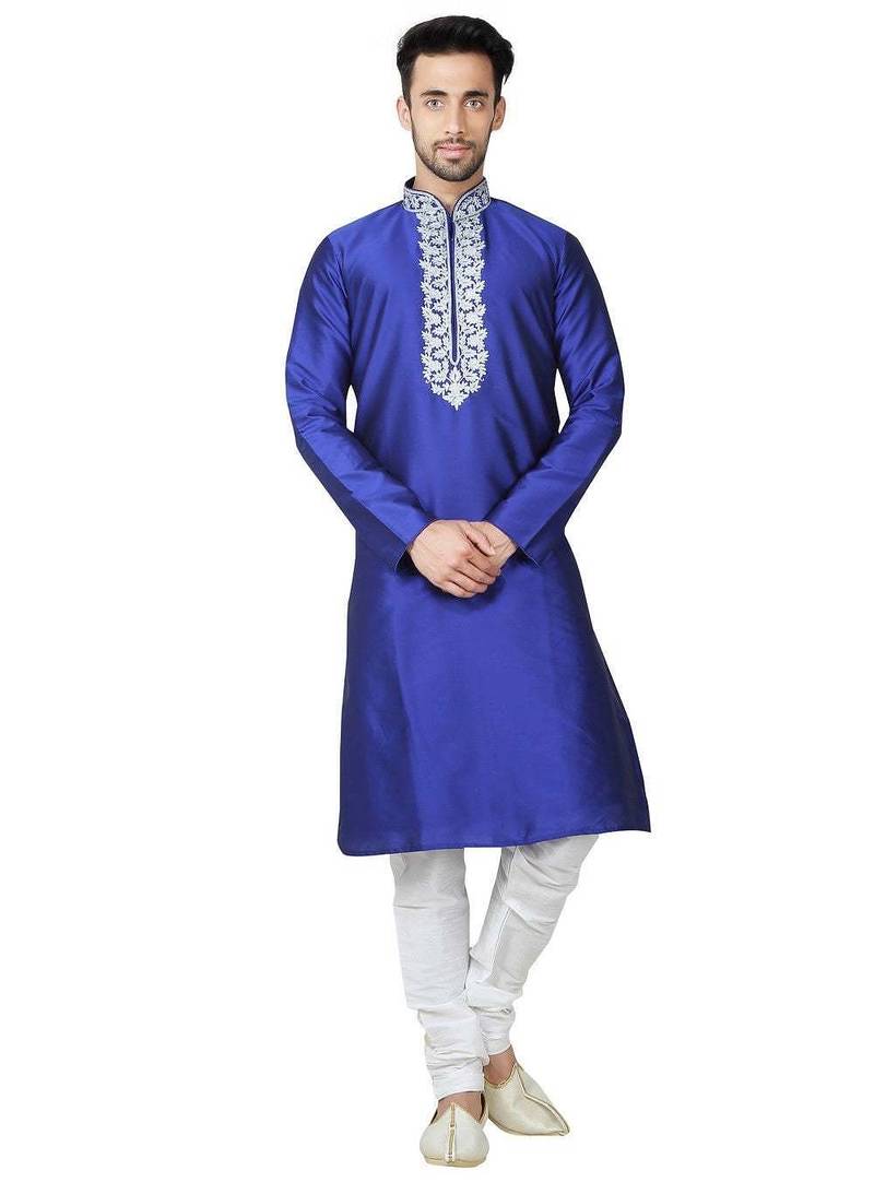 Royal blue tufetta mens  kurta with churidar set