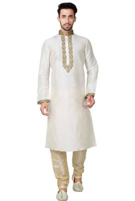 Light cream  art silk mens  kurta with churidar set 1