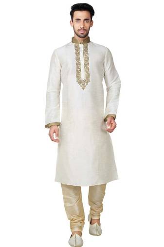 Light cream  art silk mens  kurta with churidar set