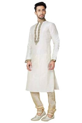 Light cream  art silk mens  kurta with churidar set 2
