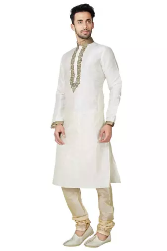 Light cream  art silk mens  kurta with churidar set