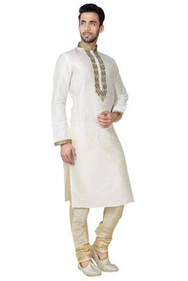 Light cream  art silk mens  kurta with churidar set 3