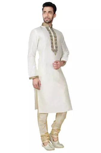 Light cream  art silk mens  kurta with churidar set