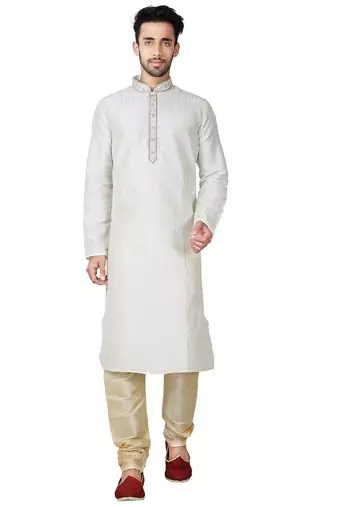 Light cream  art silk mens  kurta with churidar set