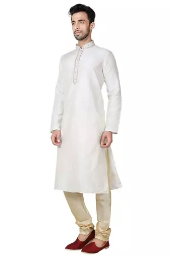 Light cream  art silk mens  kurta with churidar set