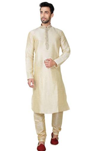 Fawn  art silk mens  kurta with churidar set