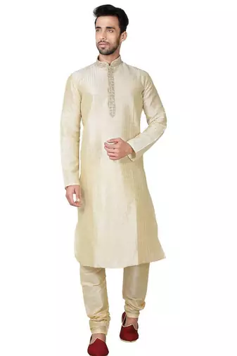 Fawn  art silk mens  kurta with churidar set