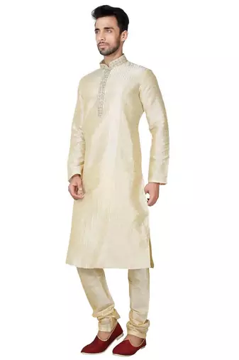 Fawn  art silk mens  kurta with churidar set