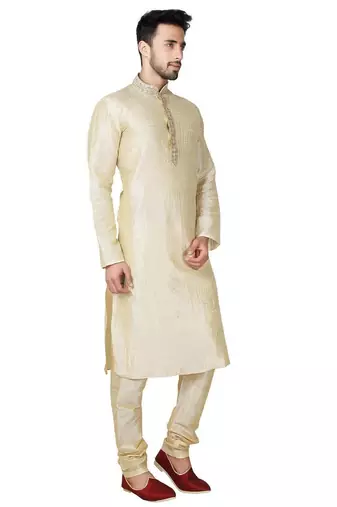 Fawn  art silk mens  kurta with churidar set