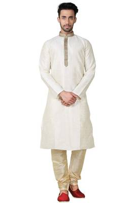 Cream art silk mens  kurta with churidar set 1