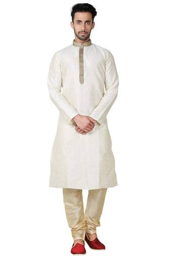 Cream art silk mens  kurta with churidar set