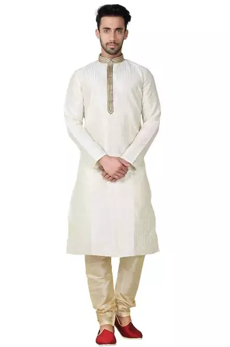 Cream art silk mens  kurta with churidar set