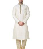 Cream art silk mens  kurta with churidar set