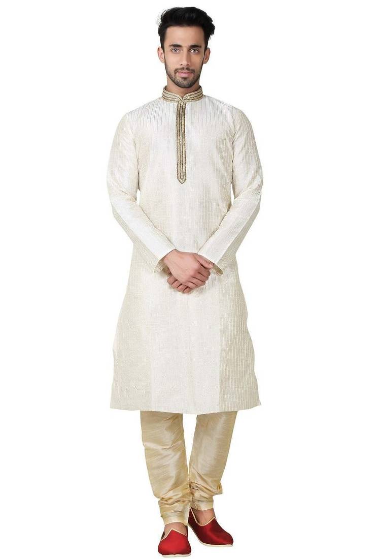 Cream art silk mens  kurta with churidar set