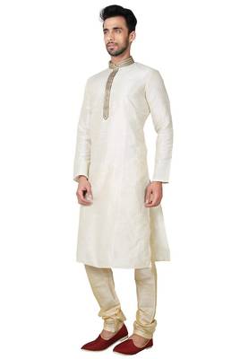 Cream art silk mens  kurta with churidar set 2