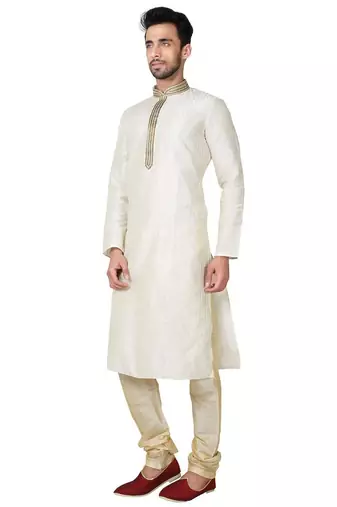 Cream art silk mens  kurta with churidar set
