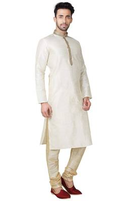 Cream art silk mens  kurta with churidar set 3