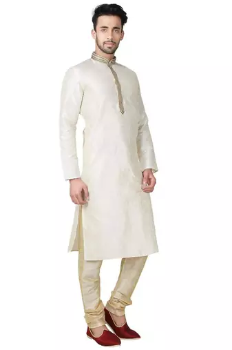 Cream art silk mens  kurta with churidar set