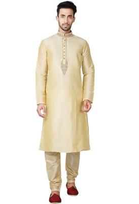 Dark fawn  art silk mens  kurta with churidar set 1
