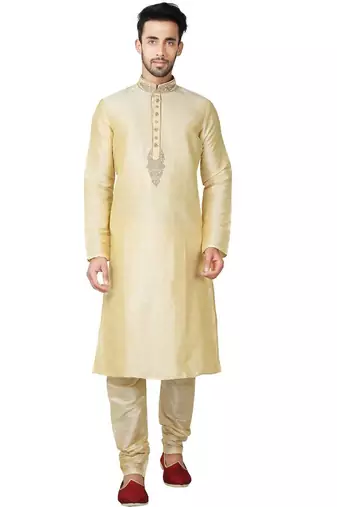Dark fawn  art silk mens  kurta with churidar set
