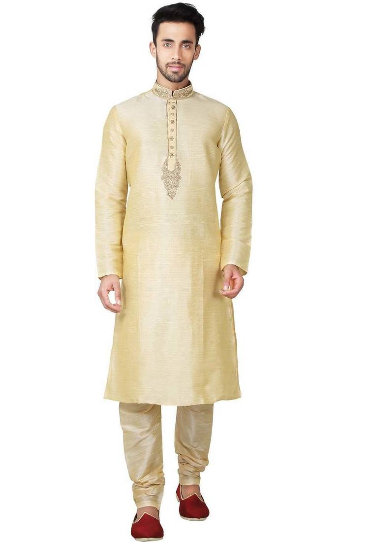 Dark fawn  art silk mens  kurta with churidar set