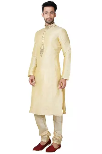 Dark fawn  art silk mens  kurta with churidar set