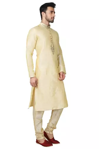 Dark fawn  art silk mens  kurta with churidar set