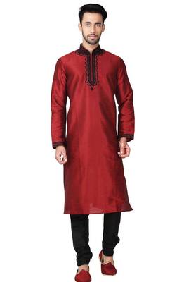 Maroon  art silk mens  kurta with churidar set 1