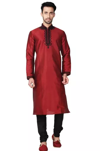 Maroon  art silk mens  kurta with churidar set