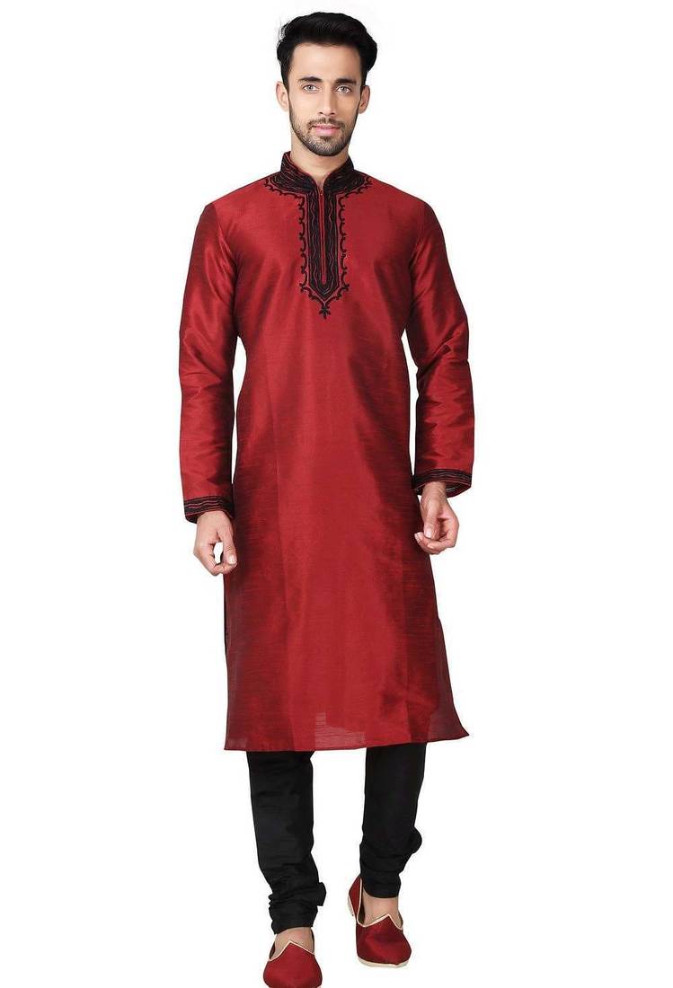 Maroon  art silk mens  kurta with churidar set