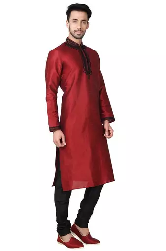 Maroon  art silk mens  kurta with churidar set