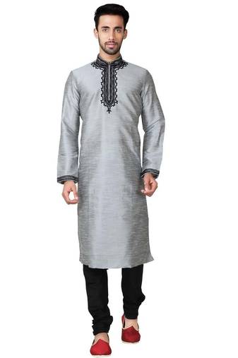Grey art silk mens  kurta with churidar set