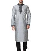 Grey art silk mens  kurta with churidar set