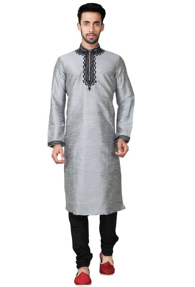 Grey art silk mens  kurta with churidar set