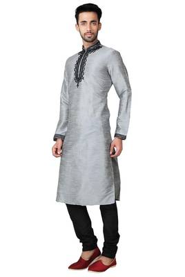 Grey art silk mens  kurta with churidar set 2