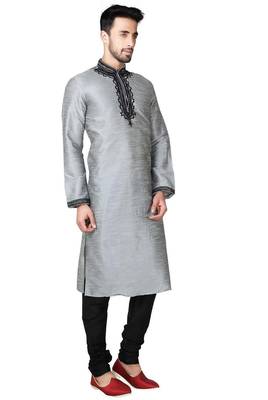 Grey art silk mens  kurta with churidar set 3