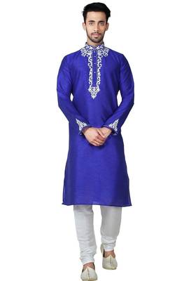 Royal blue art silk mens  kurta with churidar set 1