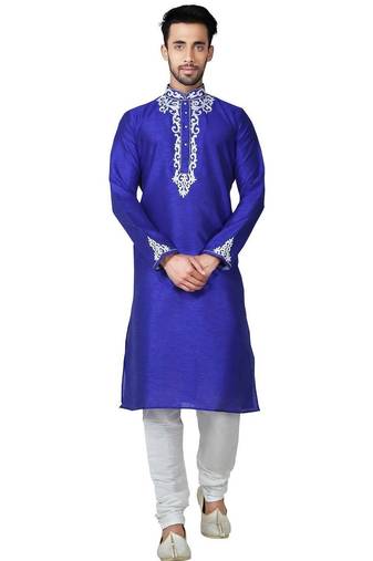 Royal blue art silk mens  kurta with churidar set